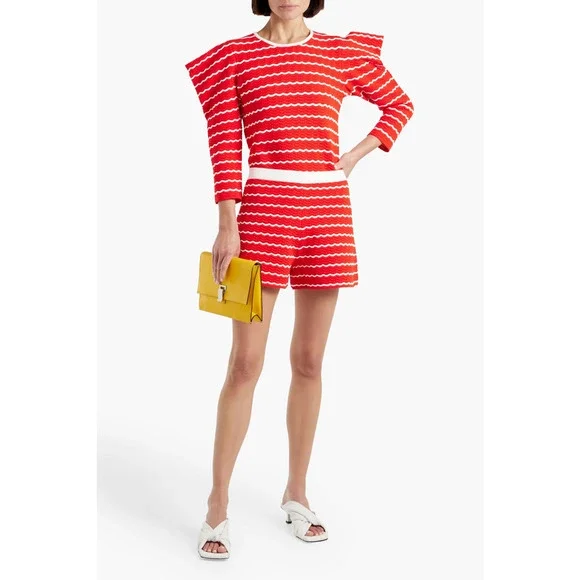 CAROLINA HERRERA Ruffled Striped Pointelle Knit Top Sweater Red White Round S